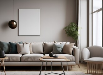 Architect interior designer concept, scandinavian nordic living room. Minimalist modern style. AI Generated.