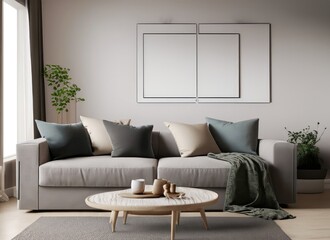Fototapeta premium Architect interior designer concept, scandinavian nordic living room. Minimalist modern style. AI Generated.