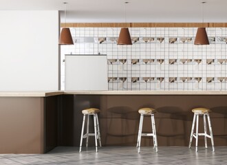  White and brown tile coffee shop interior with bar, with copy space. AI Generated.