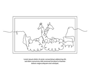 One line poster drawing of two giraffe view in the forest with a beautiful frame. Abstract minimal continuous line wall decor.