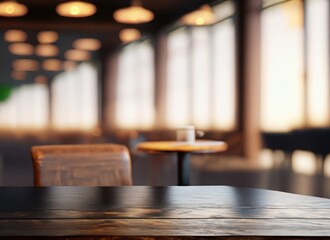 Obraz premium The dark wood table in the cafe with a blurred background with copy space. AI Generated.