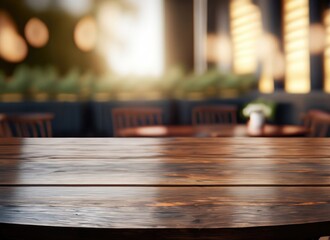 The dark wood table in the out door cafe with a blurred background with copy space. AI Generated.