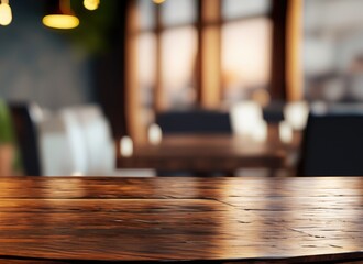  The dark wood table in the cafe with a blurred background with copy space. AI Generated.