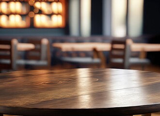 The dark wood table in the cafe with a blurred background with copy space. AI Generated.