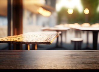 The dark wood table in the out door cafe with a blurred background with copy space. AI Generated.