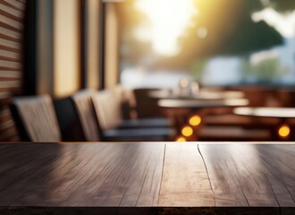 The dark wood table in the out door cafe with a blurred background with copy space. AI Generated.