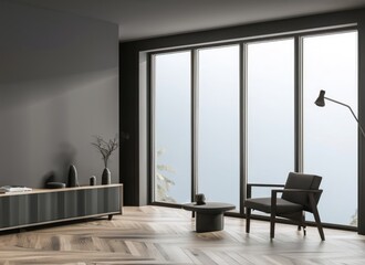 Dark living room interior with dinner table and chairs, side view tv zone with sofa and sideboard with decoration. Panoramic window. AI Generated.