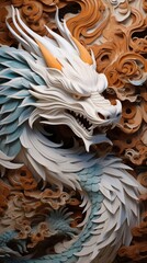 A close up of a dragon sculpture on a wall. Generative AI.
