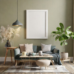 Poster mockup with vertical frames on empty wall in living room interior.