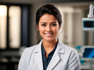 Smiling dentist woman with wavy hair in white coat in dental office.