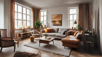 Cozy loveseat sofa near round accent coffee table. Scandinavian home interior design of modern...