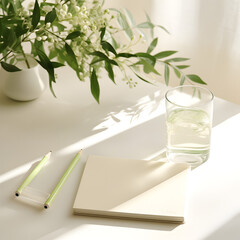 Paper and a pen on a desk, work from home, journal, desktop with a plant