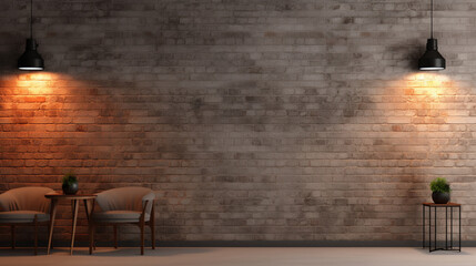 brick wall background with lights and decorated tables and chairs