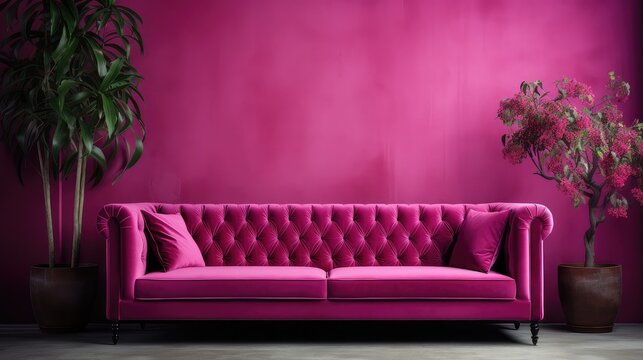 Viva Magenta Wall Background Mockup With Sofa Furniture And Decor.