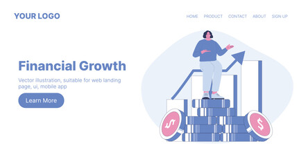 Financial Growth. Web Landing Page Design. Flat Cartoon Vector Illustration.