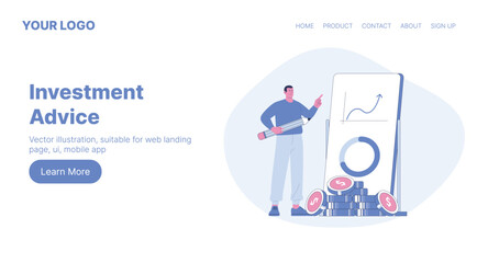 Investment Advice. Web Landing Page Design. Flat Cartoon Vector Illustration.
