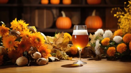 A glass of beer sitting on top of a wooden table. Generative AI.