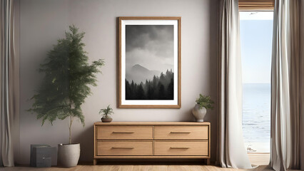 Wooden cabinet, dresser against concrete wall with empty blank mock up poster frame with copy space. Scandinavian home interior design of modern living room