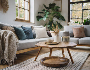 Rustic accent coffee table near sofa. Scandinavian home interior design of modern living room in farmhouse