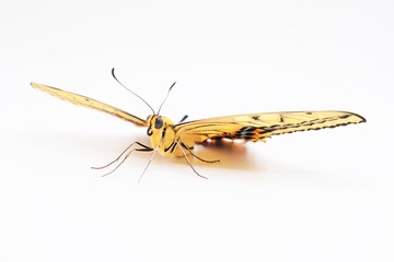 白背景に床を這って歩く羽化したてのキアゲハ蝶、正面