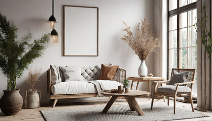 Scandinavian farmhouse living room interior, wall mockup