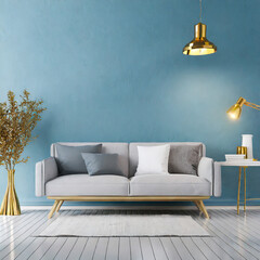 Scandinavian interior of living room concept, light gray sofa with gold lamp on white flooring and blue wall,d rendering