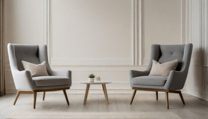 Scandinavian living room with two gray armchair on empty White alternating with cream wall...