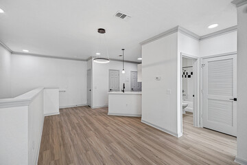 kitchen interior and wooden floor. Simply furniture with utensils, shelves with crockery and refrigerator in modern minimal design, empty space, wood floor