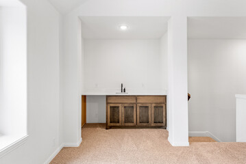 kitchen interior and wooden floor. Simply furniture with utensils, shelves with crockery and refrigerator in modern minimal design, empty space, wood floor