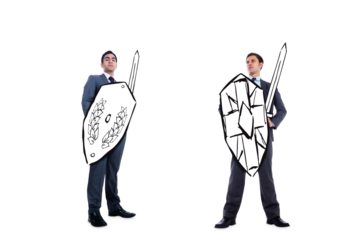 Digital png photo of two diverse businessmen with swords and shields on transparent background