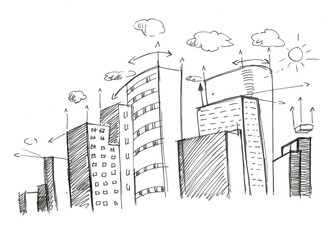 Digital png illustration of sketch with buildings on transparent background