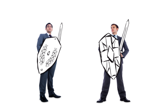 Digital png photo of two diverse businessmen with swords and shields on transparent background