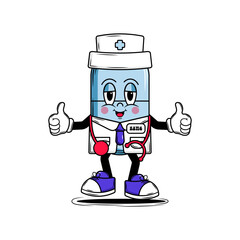 Medical pill character doctor with face smile in groovy style. Blue colors. For design of medical premises, children's medical books, covers, booklets, leaflets, web, app. Vector