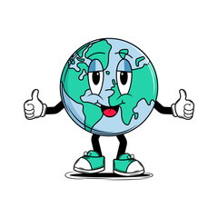 Character Planet Earth sticker in groovy style. Happy retro cute mascot. White background. Vector art