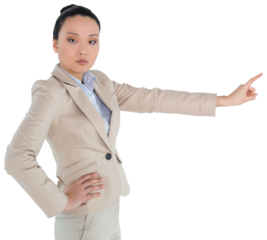 Digital png photo of asian businesswoman pointing on transparent background