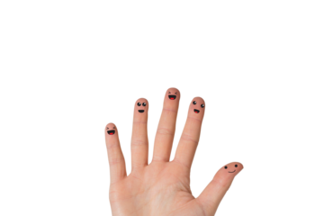 Digital png illustration of fingers with smiling faces on transparent background