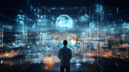 Fototapeta premium Man Standing Future City , Artificial intelligence digital future technology, Businessman among future city