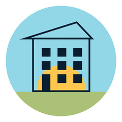 Digital png illustration of blue circle with house, grass and sun on transparent background