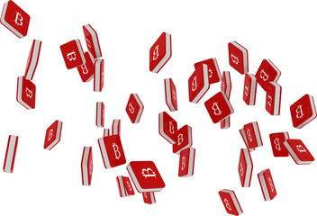 Digital png illustration of many red bitcoin icons on transparent background