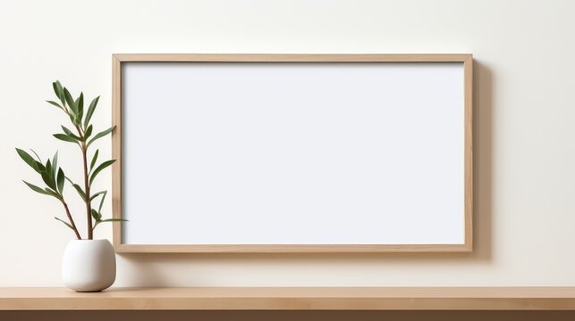 Blank picture frame mockup on white wall, horizontal artwork template.