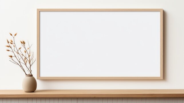 Blank picture frame mockup on white wall, horizontal artwork template.