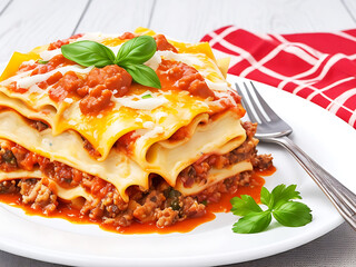 lasagna with layers of pasta and beef