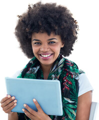 Digital png photo of happy biracial young girl using tablet and smiling on transparent background