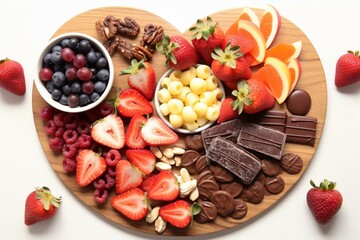 Valentine's charcuterie - chocolate, fruit, sweets on white. Top-down view with 'Happy Galentine's Day' banner. Generative AI