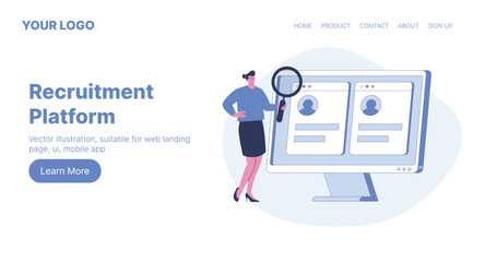Recruitment Platform. Web Landing Page Design. Flat Cartoon Vector Illustration.