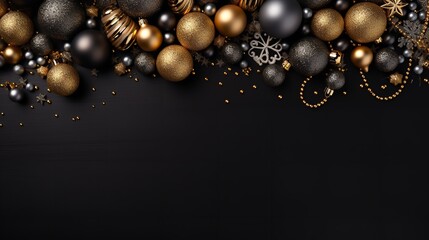 Christmas composition with black background with ornaments and golden toys, Generative AI.