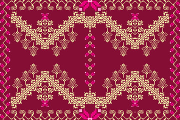 Ethnic pattern designs, ethnic pattern graphics, geometric shapes and flowers are used for weaving ,rug, wallpaper, clothing,fabric, embroidery style illustration, Ethnic abstract pixel art