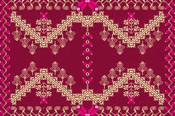 Poster Ethnic pattern designs, ethnic pattern graphics, geometric shapes and flowers are used for weaving ,rug, wallpaper, clothing,fabric, embroidery style illustration, Ethnic abstract pixel art © Nongluck