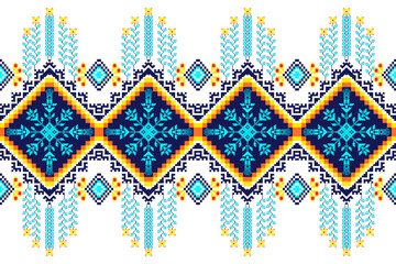 seamless pattern, Ethnic pattern designs, ethnic pattern graphics, geometric shapes and flowers are used for weaving ,rug, Ethnic abstract pixel art style, embroidery style illustration