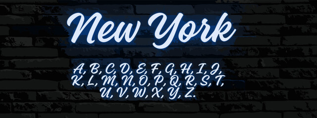 A neon text of New York on a dark grey brick background with the alphabet.